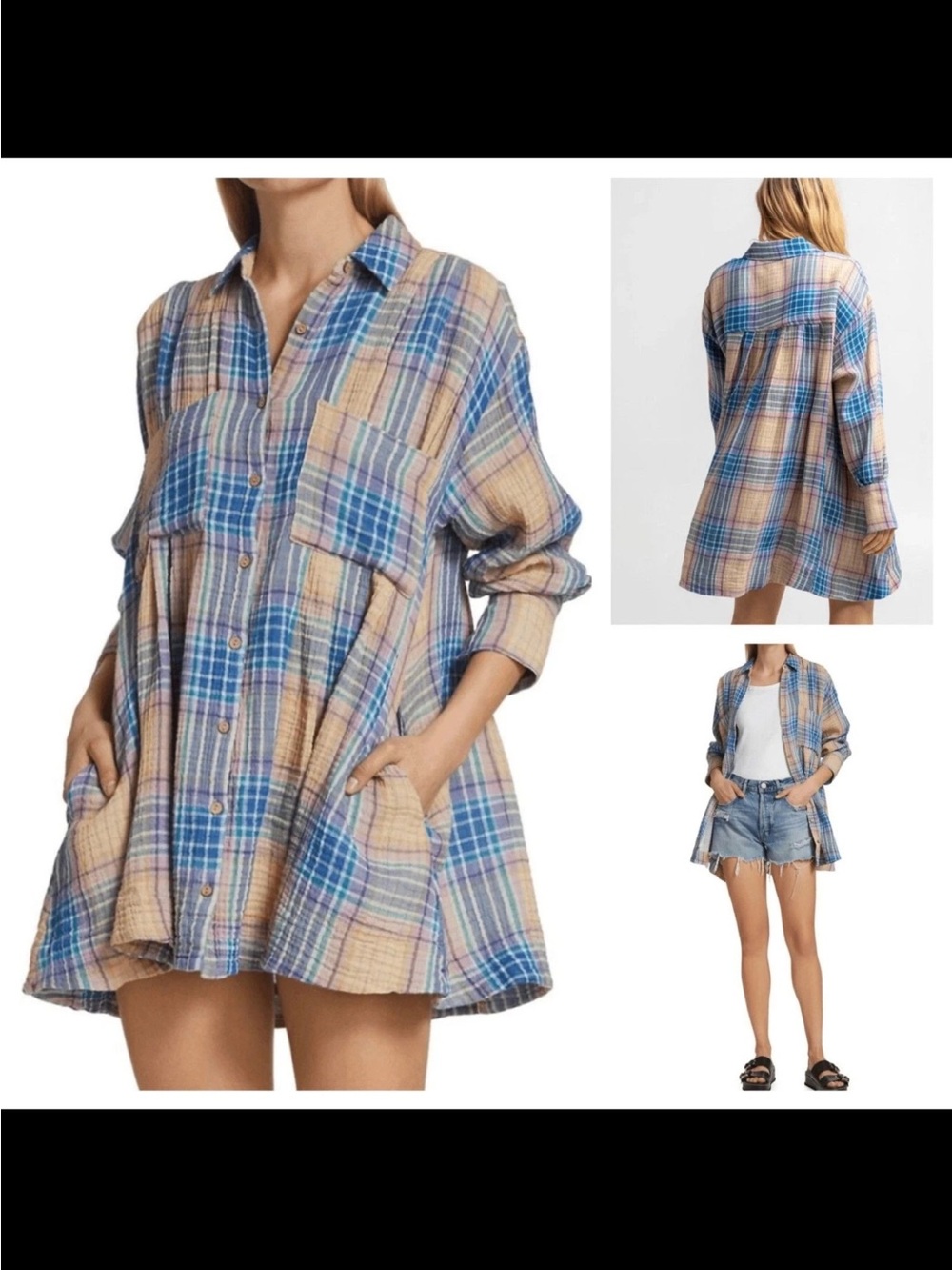 Free People The Voyage Shirtdress Sunrise Combo Plaid Cotton Boho Cottagecore